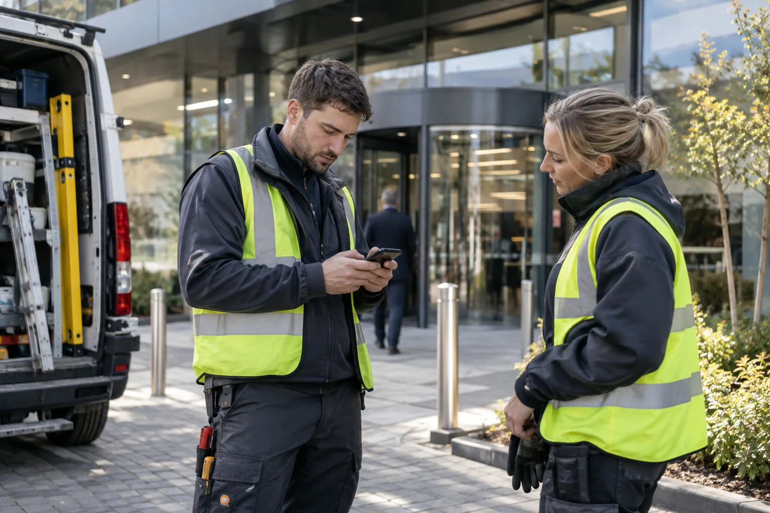 Off-site colleagues checking work information on a phone